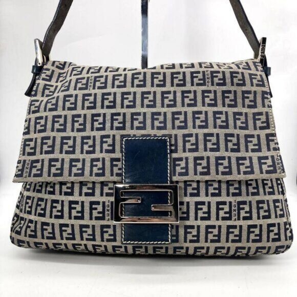 Authentic FENDI Mamma Zucca Bucket Baguette Navy Tan Flap Bag Purse Tote FF - Picture 2 of 10
